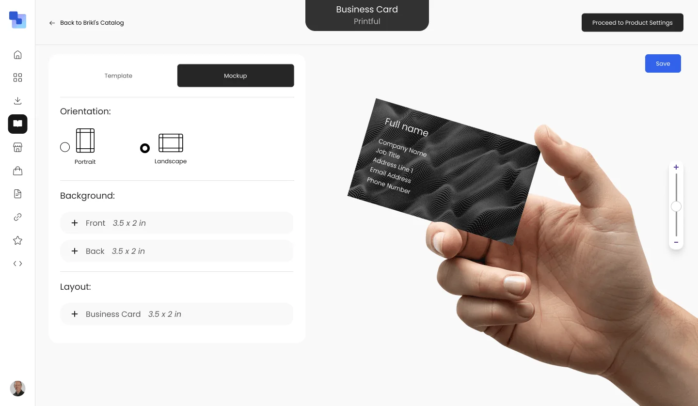 Brikl on-demand business cards mockup preview with personalized name, title, and contact details