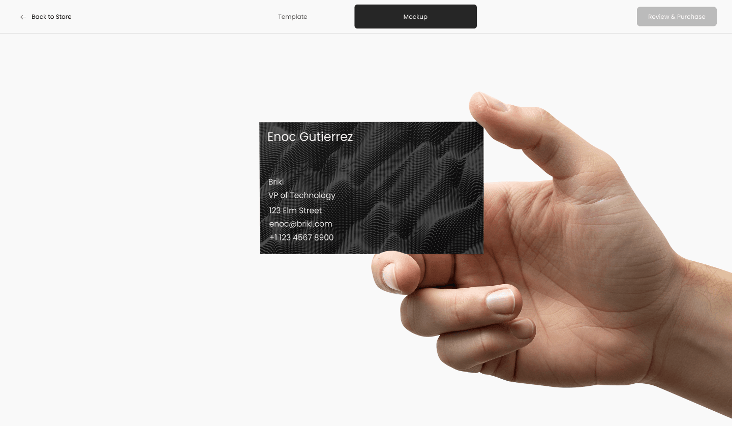 Storefront mockup view showing the personalized business card for the shopper rendered as a realistic 3D preview