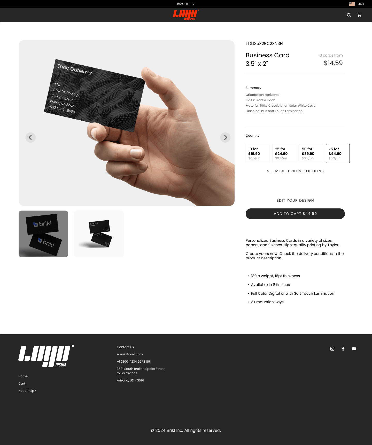 Full storefront product page for business cards showing quantity pricing tiers, Edit Your Design button, and product specifications — printed by Taylor OnDemand