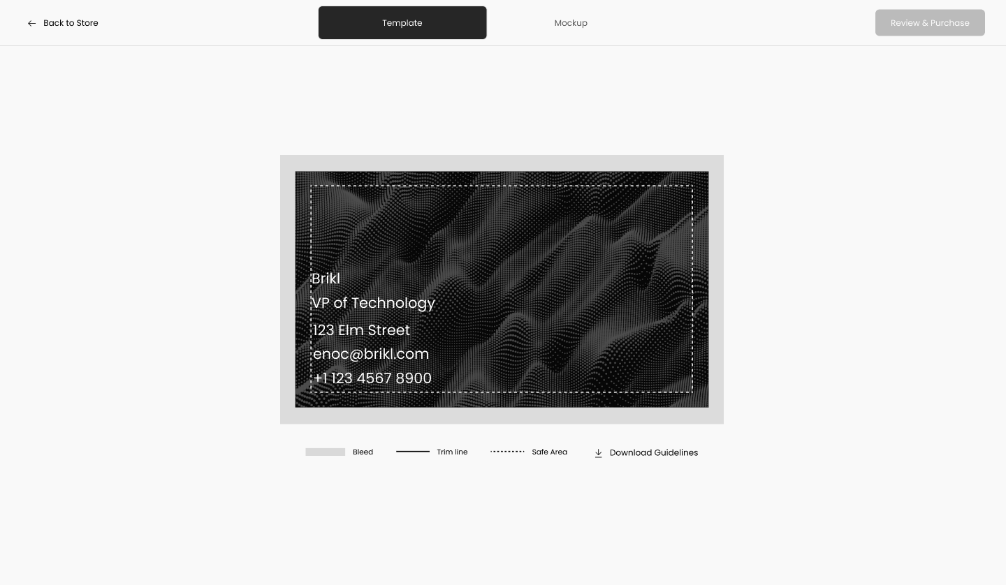 Storefront personalization view showing a business card with name, title, address, email, and phone filled in by the shopper