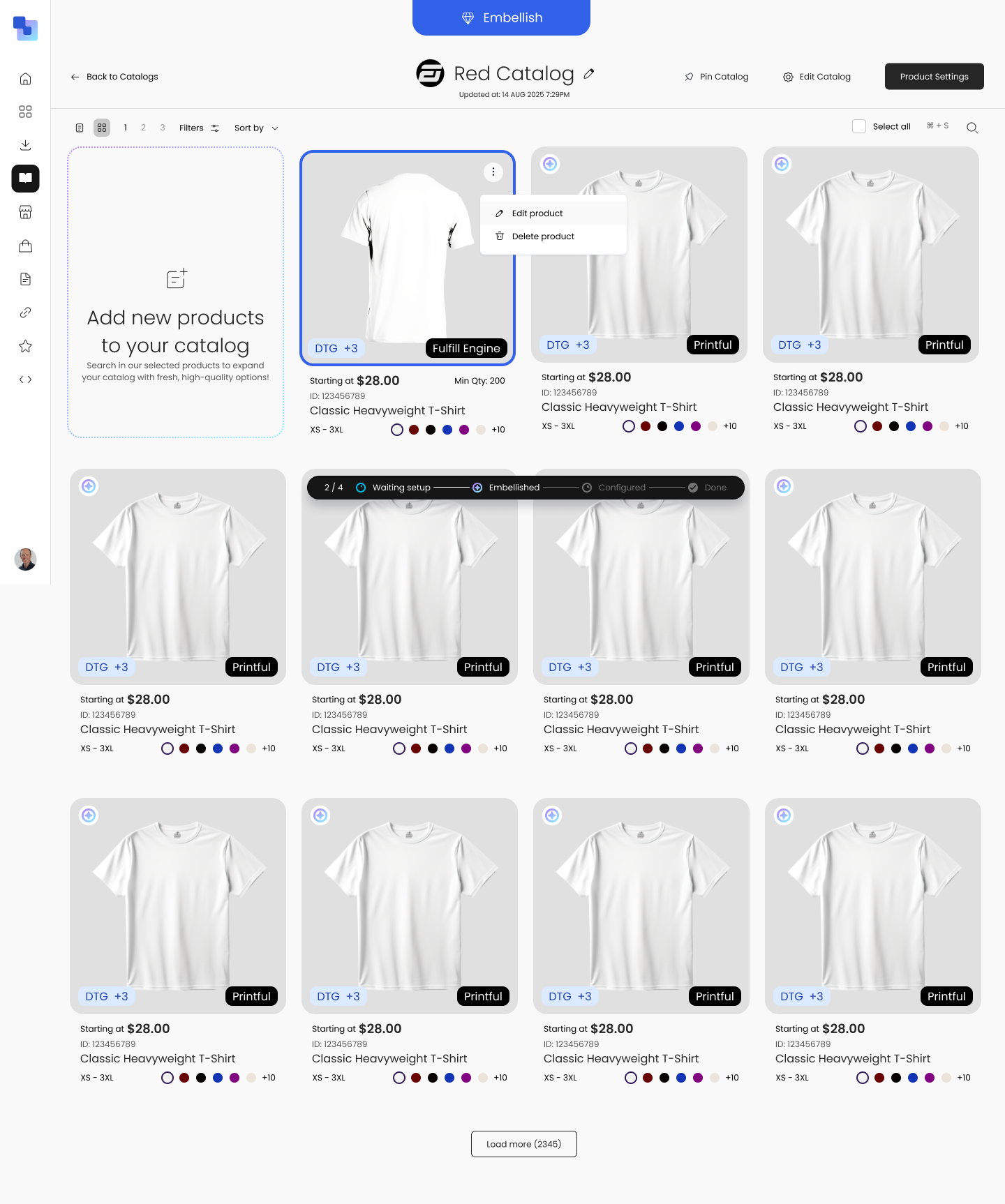 Inside the Red Catalog showing a product grid of white t-shirts with DTG and Printful badges, pricing, color swatches, size ranges, category tabs, and an edit/delete context menu