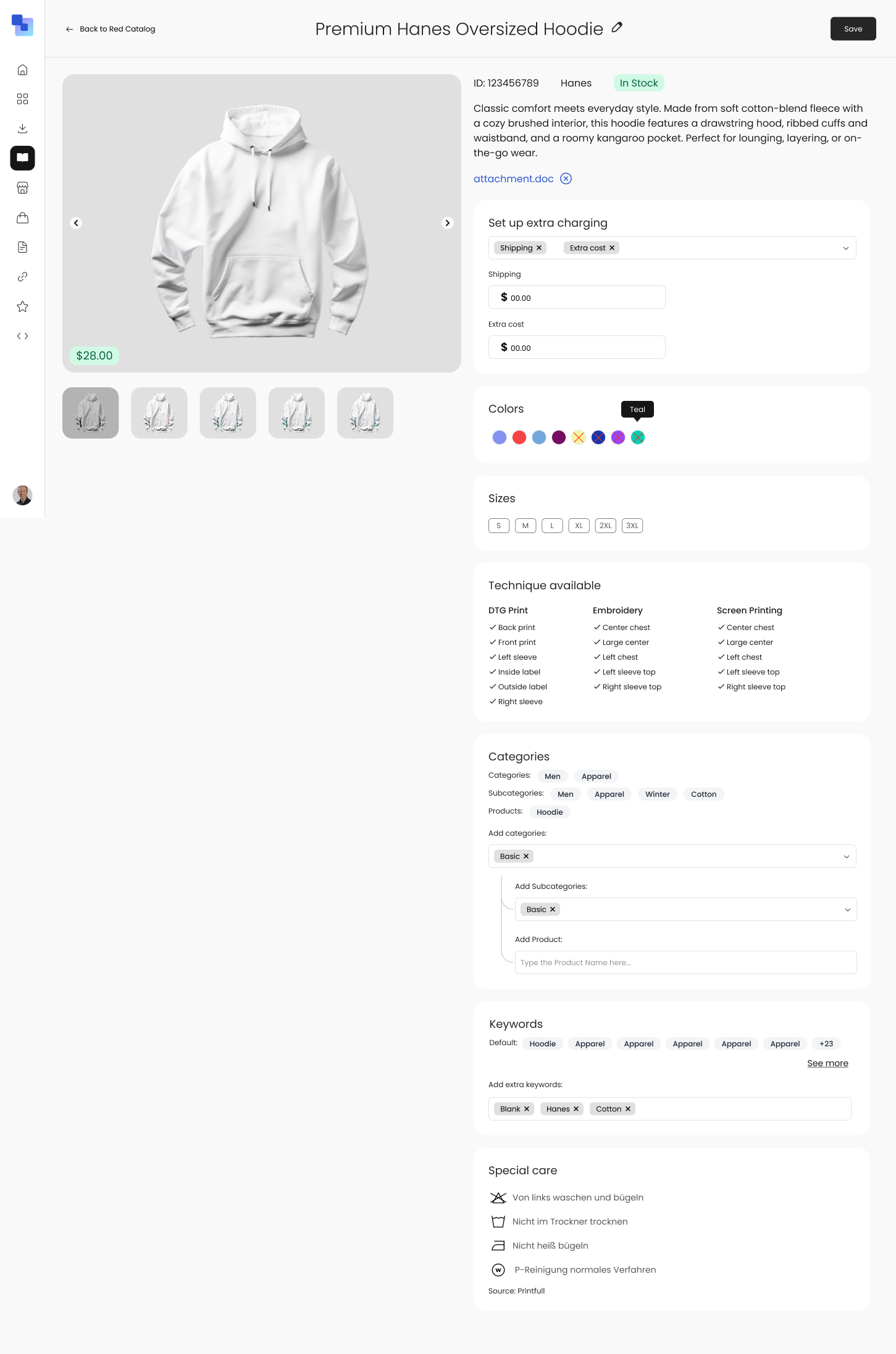 Product detail page for a Premium Hanes Oversized Hoodie showing image gallery, pricing, extra charging setup, color swatches, sizes, available decoration techniques (DTG, Embroidery, Screen Printing), categories, and keywords