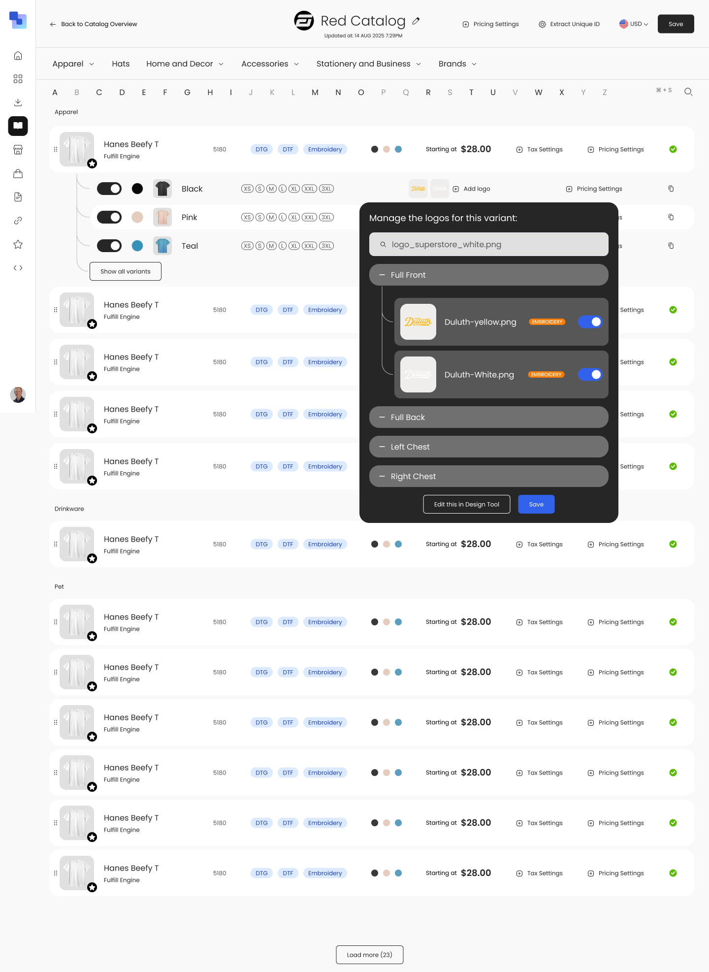 Logo management modal showing per-variant logo assignment with toggle switches for each decoration location (Full Front, Full Back, Left Chest, Right Chest) and an Edit File in Design Tool button