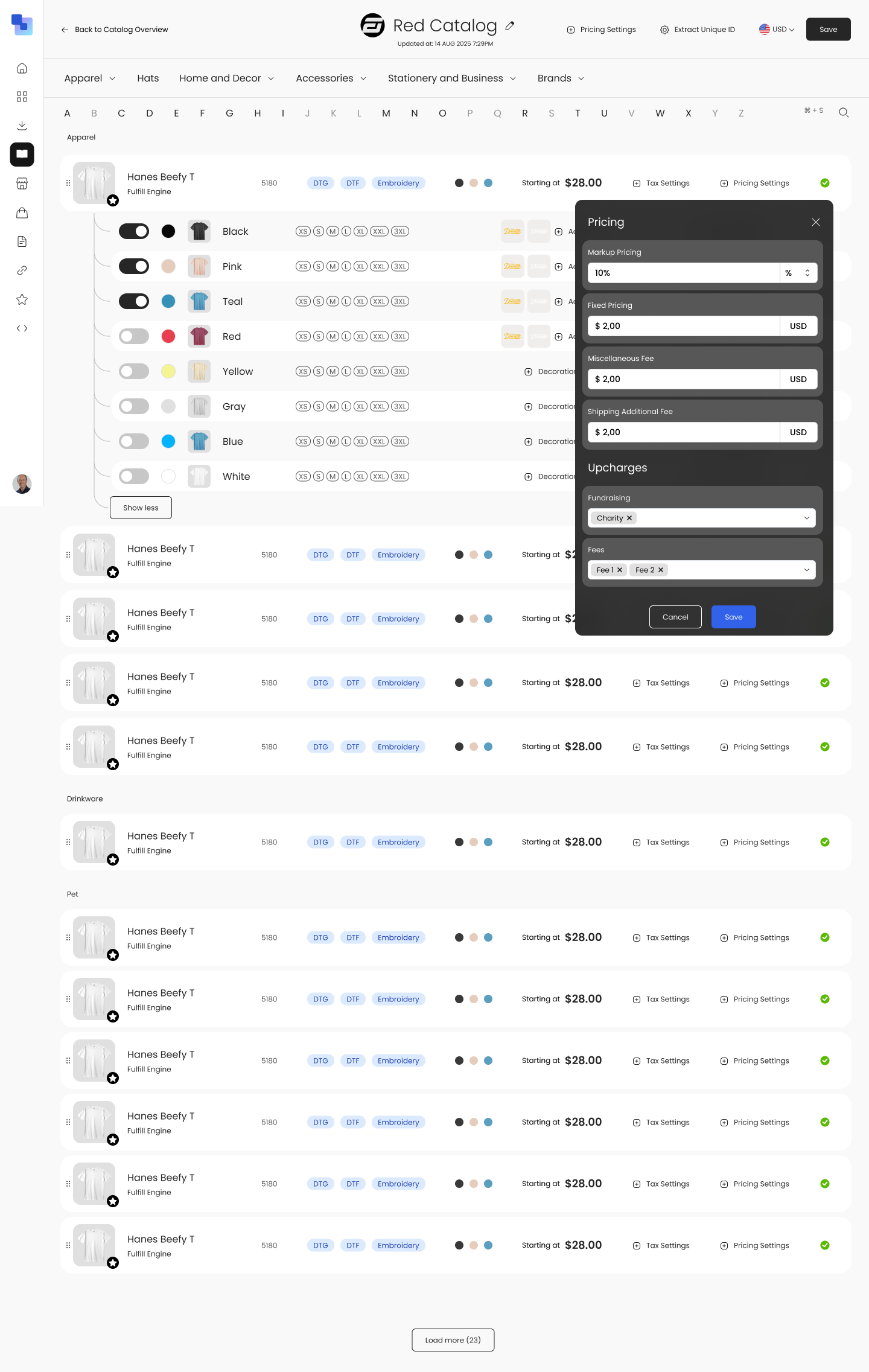 Pricing settings panel showing markup percentage, extra charges for shipping and handling, and size-based upcharges configuration — all inline within the product settings table