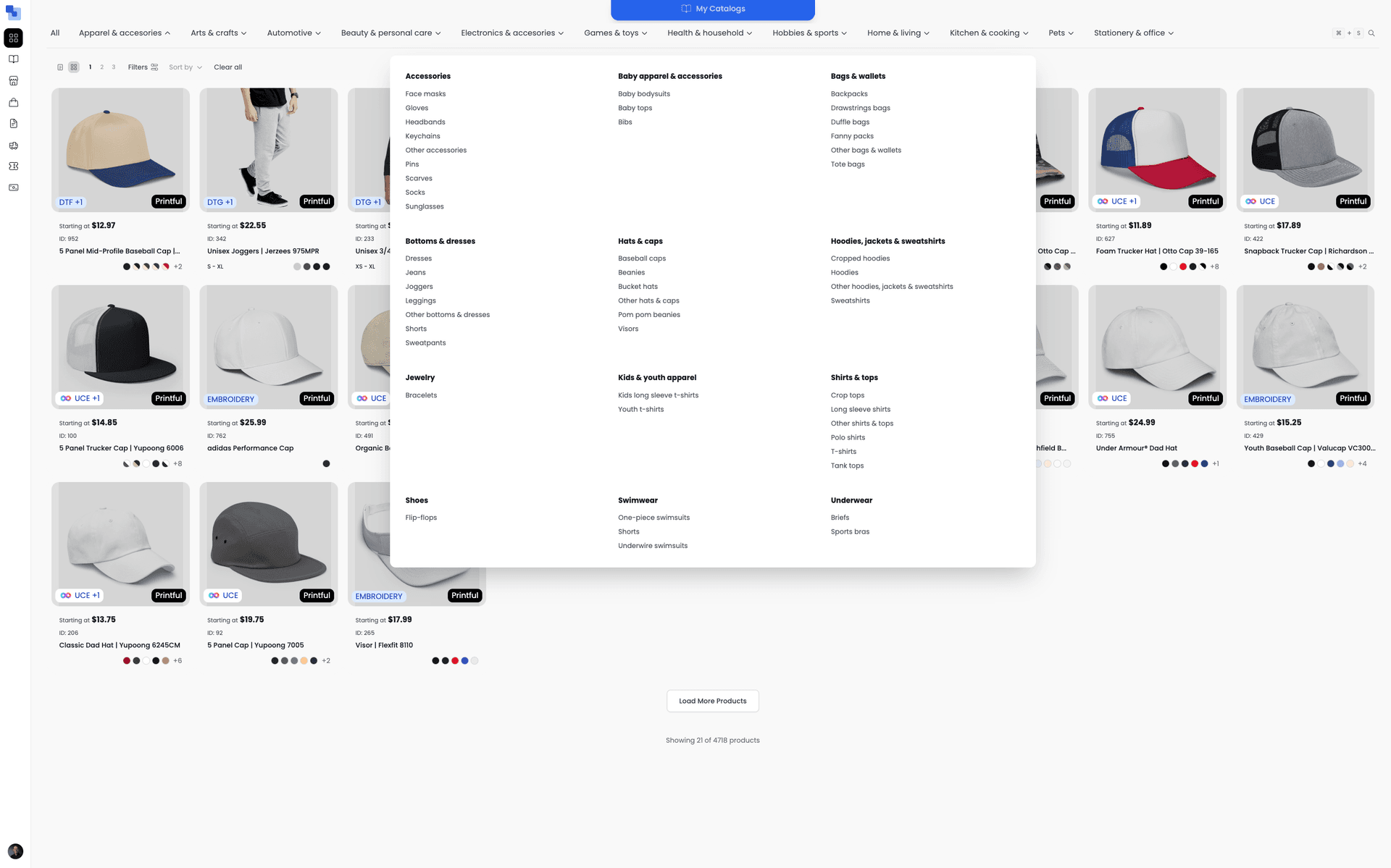 Marketplace category mega-menu showing subcategories for apparel, headwear, bottoms, outerwear, swimwear, and more