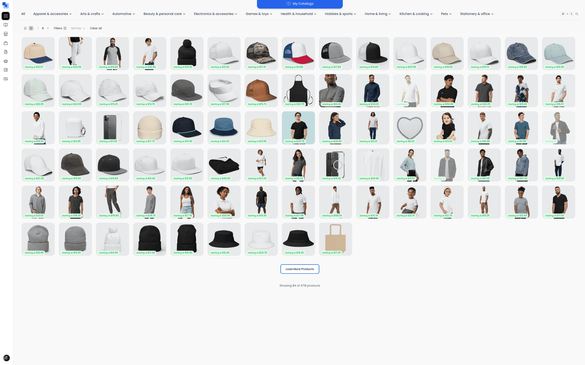 Marketplace grid view showing products with images, prices, and color swatches