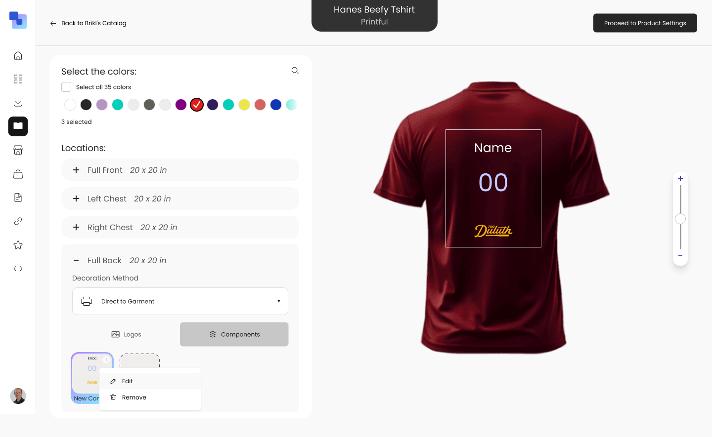Brikl 3D garment preview showing a dark red t-shirt with Name, 00, and Duluth logo rendered on the back — exactly as the shopper will see it