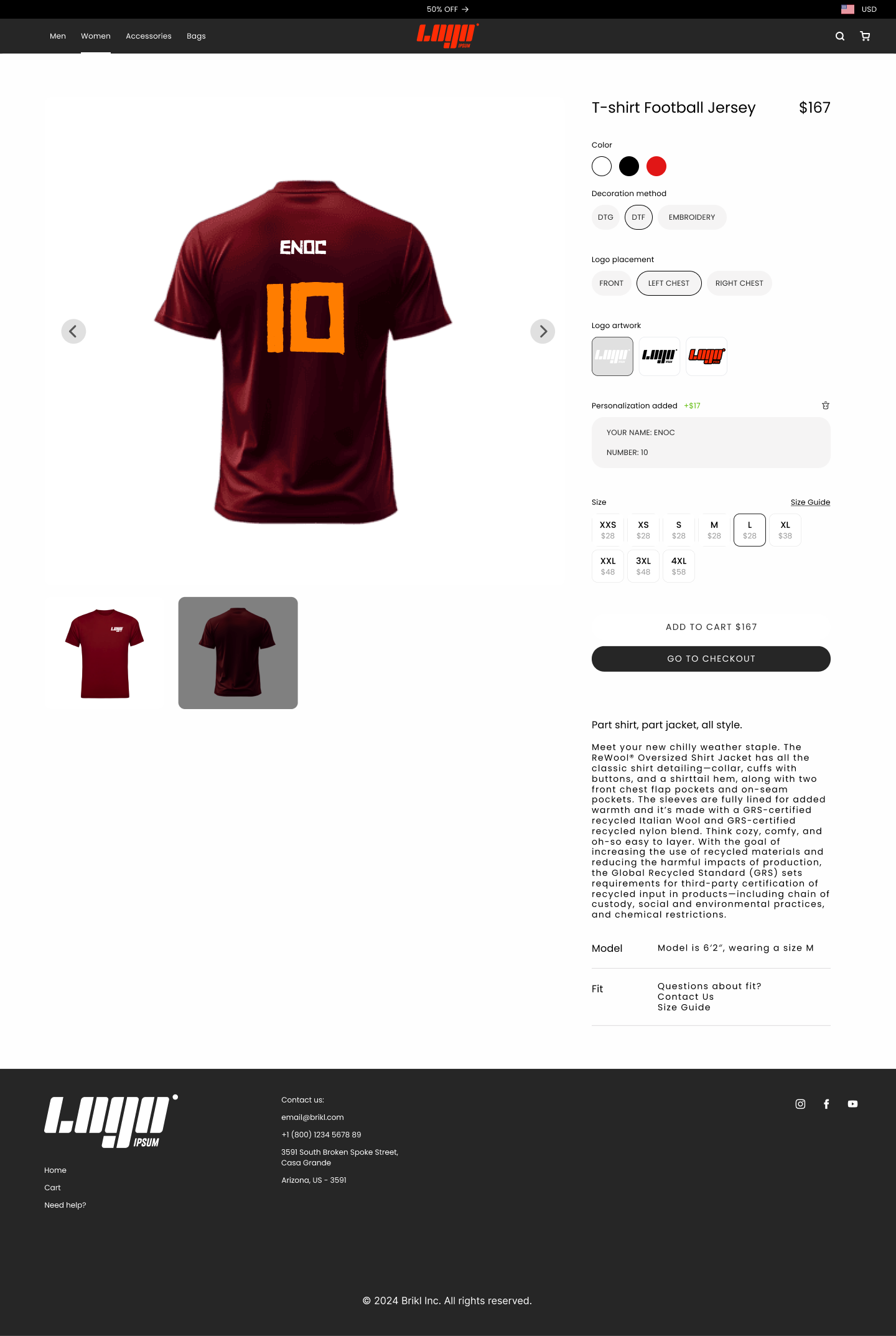 Full storefront product page showing a personalized football jersey with color selection, decoration method tabs (DTG, DTF, Embroidery), logo placement options, and personalization fields