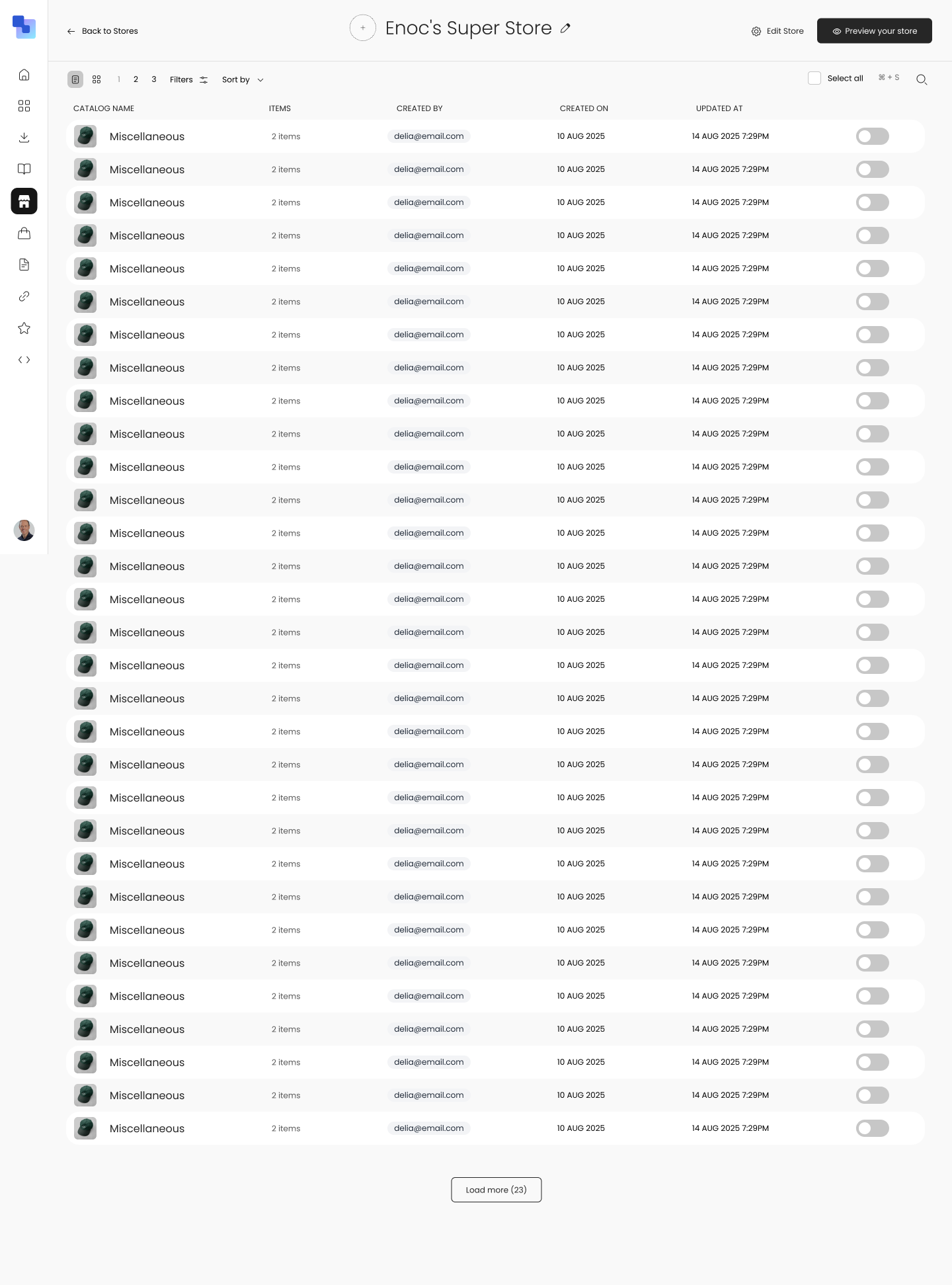 Enoc's Super Store dashboard showing a catalog list table with columns for Catalog Name, Items count, Created By, Created On, Updated At, and on/off toggle switches — with Edit Store and Preview your store buttons at the top