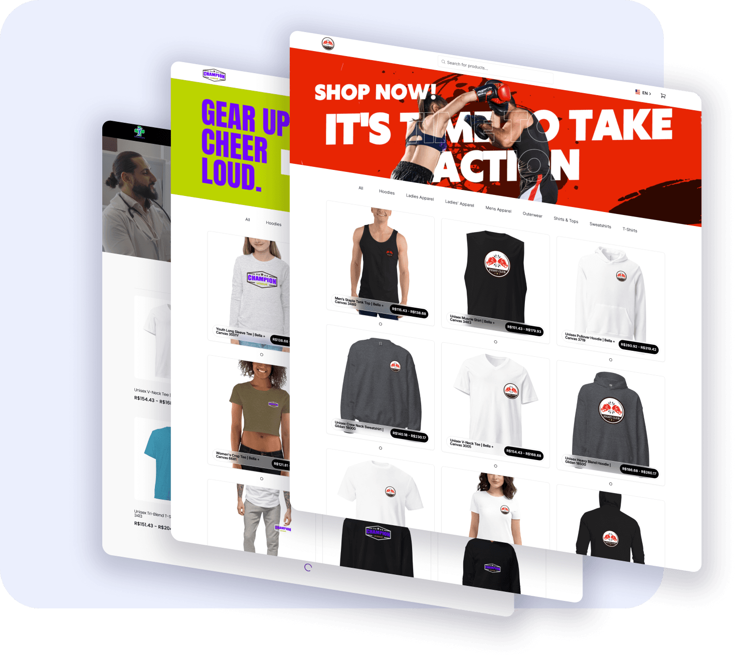 Branded on-demand stores powered by Brikl showing multiple storefront designs