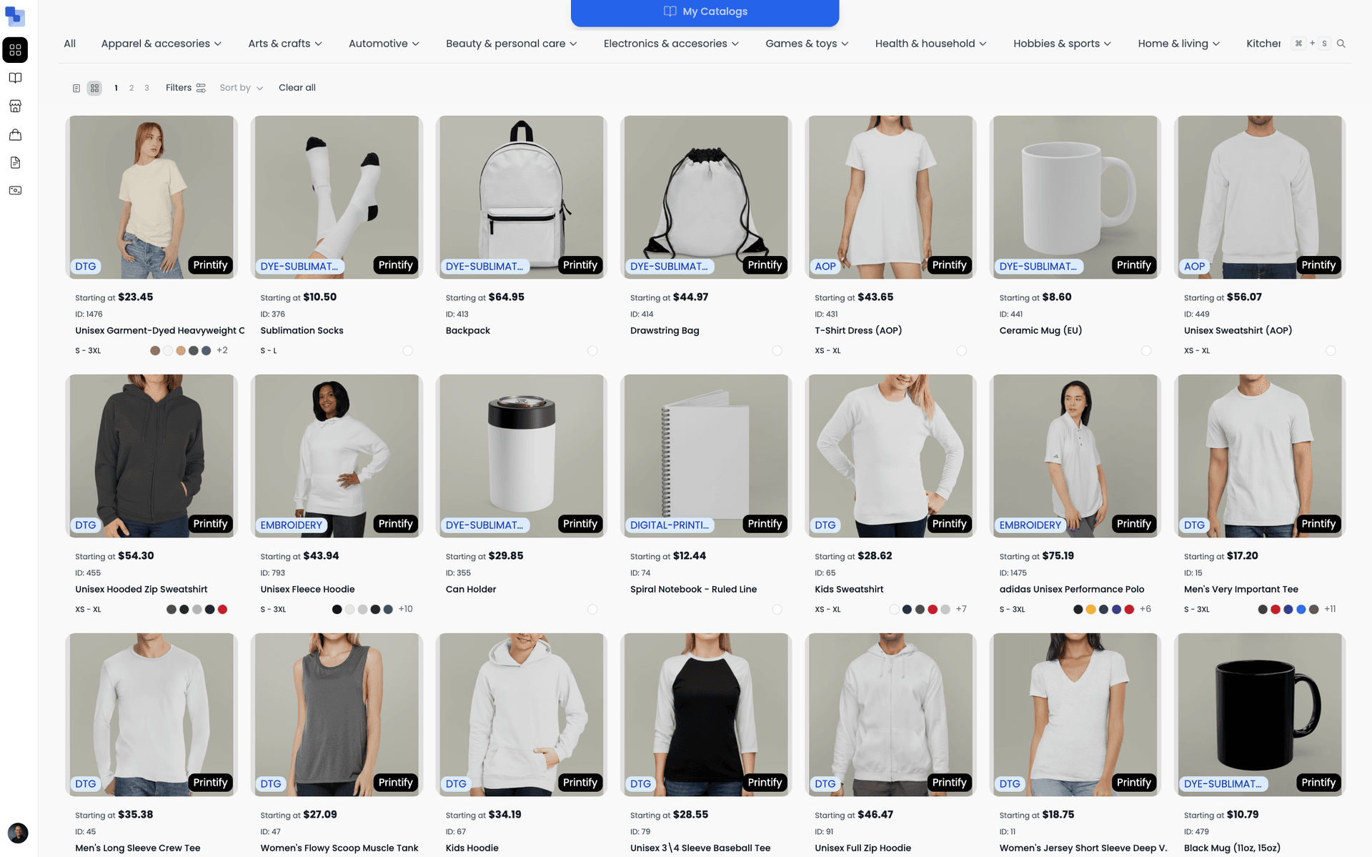 Printify products available in the Brikl marketplace — showing apparel, drinkware, bags, and accessories with DTG, sublimation, embroidery, and AOP decoration method badges