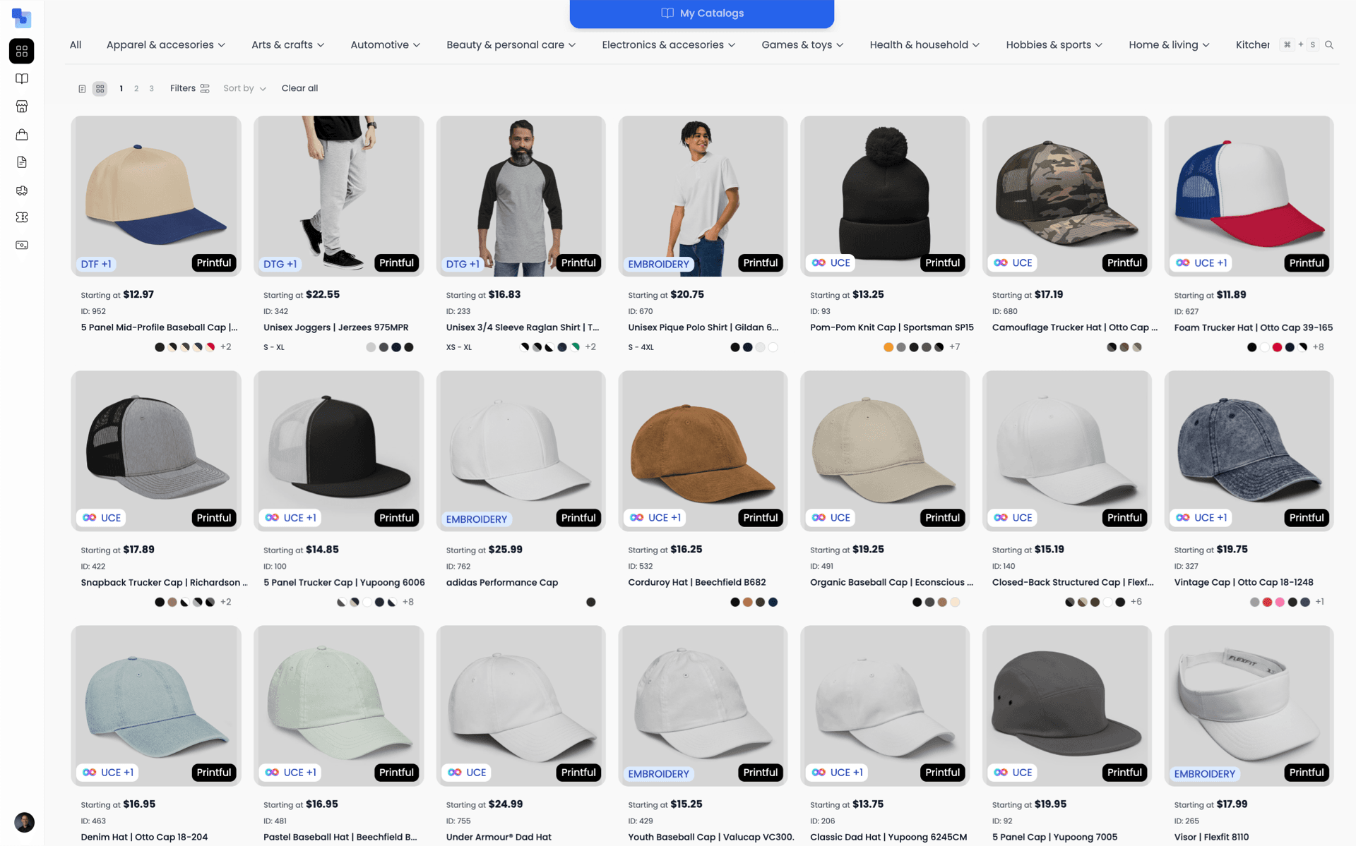 Brikl supplier marketplace showing hats and caps with decoration method badges