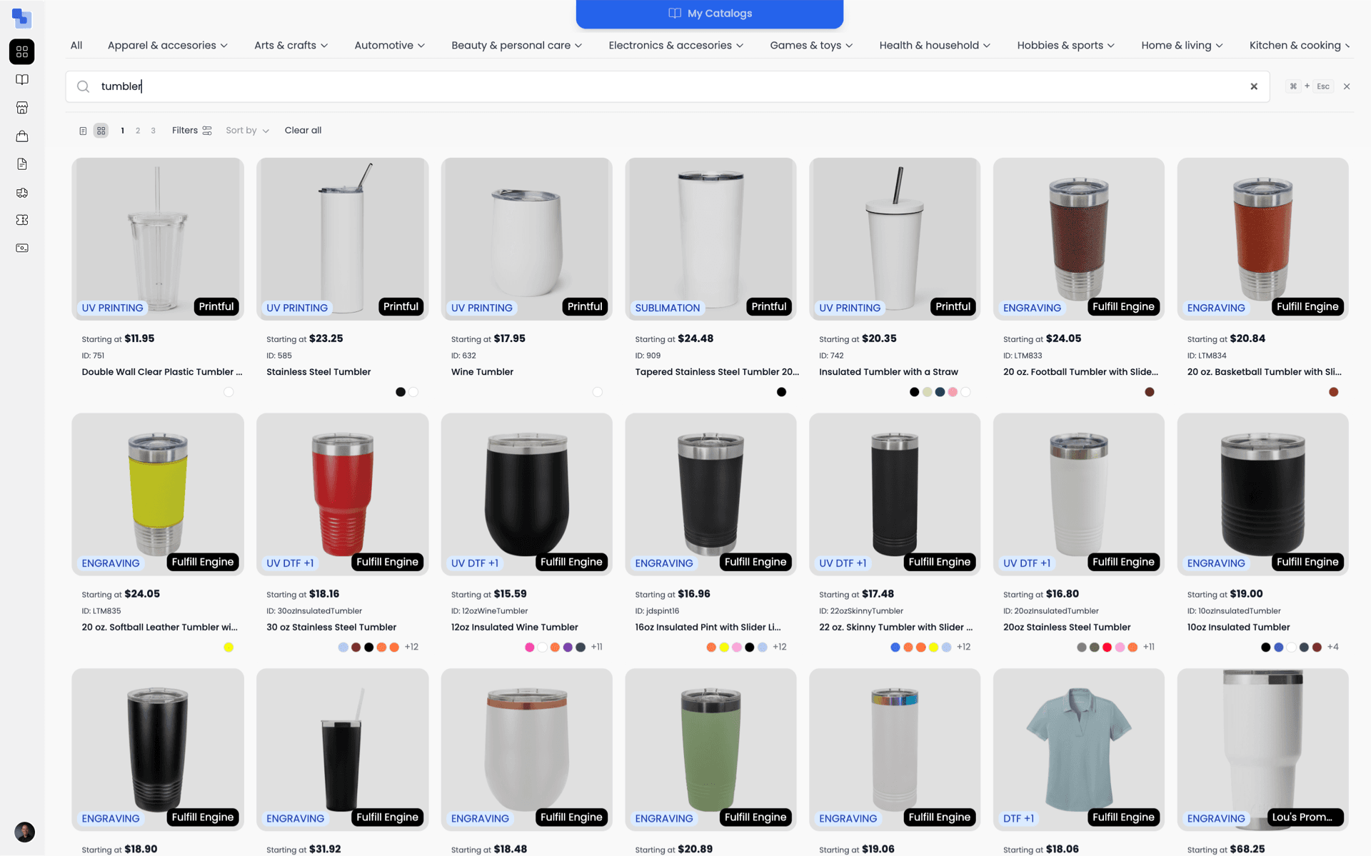 Brikl marketplace showing drinkware products with UV Printing, Sublimation, and Engraving decoration methods